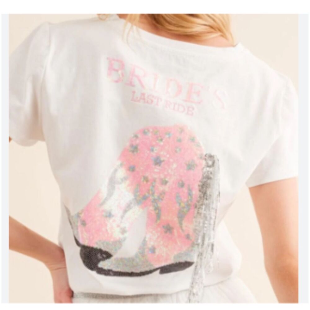 NWT Blue B Collection "Bride's Last Ride" Sequin Cowgirl Boots Tee - Large